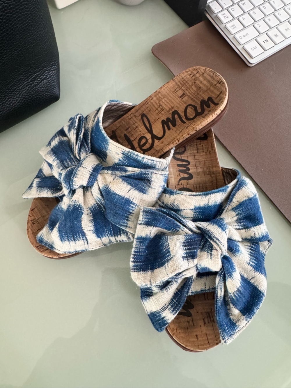 Sam Edelman Bow Slide Sandals - Blue & White